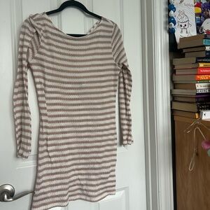 Striped Long Sleeve Knit Dress in Cream & Light Taupe
